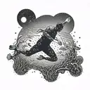 A dotwork design of a swimmer diving into a deep ocean abyss, with bioluminescent sea creatures illuminating the way tattoo design idea