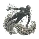 A dotwork design of a swimmer diving into a deep ocean abyss, with bioluminescent sea creatures illuminating the way tattoo design idea