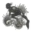 A dotwork design of a swimmer diving into a deep ocean abyss, with bioluminescent sea creatures illuminating the way tattoo design idea