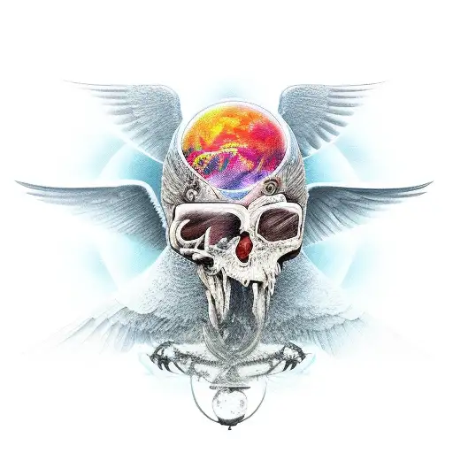 Cabeza de cuervo en cuerpo humano con alas  tattoo design idea