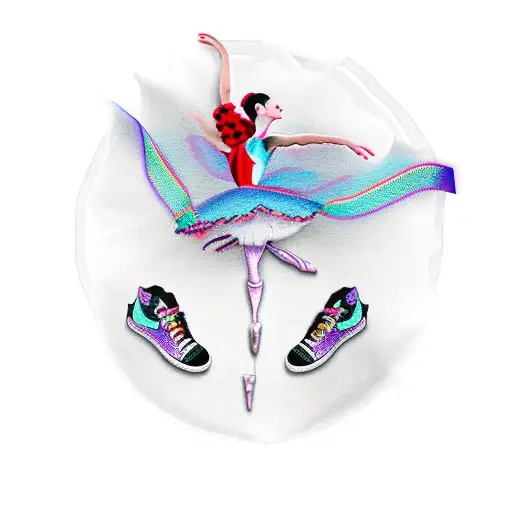 a dancing ballerina in a purple tutu and red and whit jordan1 sneakers with a long ribbon  tattoo design idea