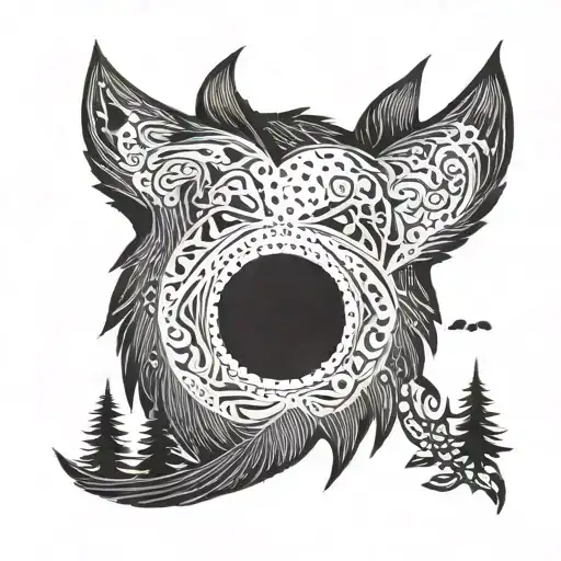 A psychedelic design inspired by Phish's music, featuring a wolf as a central element in a dotwork style tattoo design idea