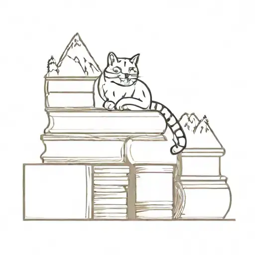 A minimalist tattoo of a cat sitting on a stack of books with a mountain backdrop tattoo design idea