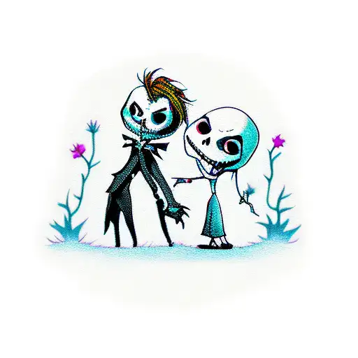 A new-school style tattoo of Jack Skellington and Sally dancing in a graveyard, with colorful flowers and tombstones tattoo design idea