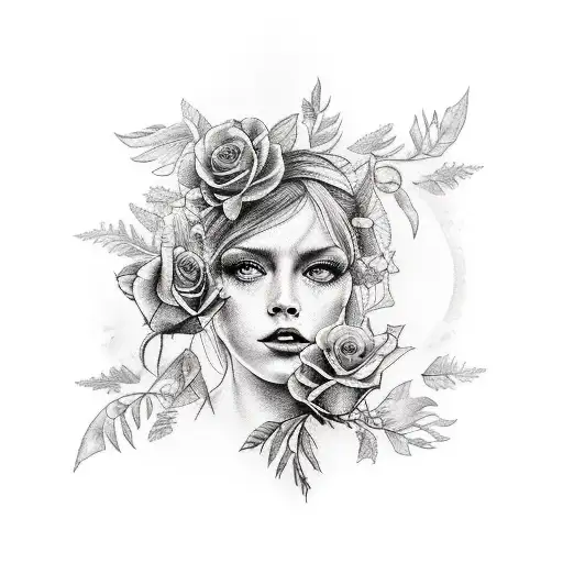 A realism style tattoo of Sally holding a bouquet of black roses with a backdrop of a haunted forest tattoo design idea