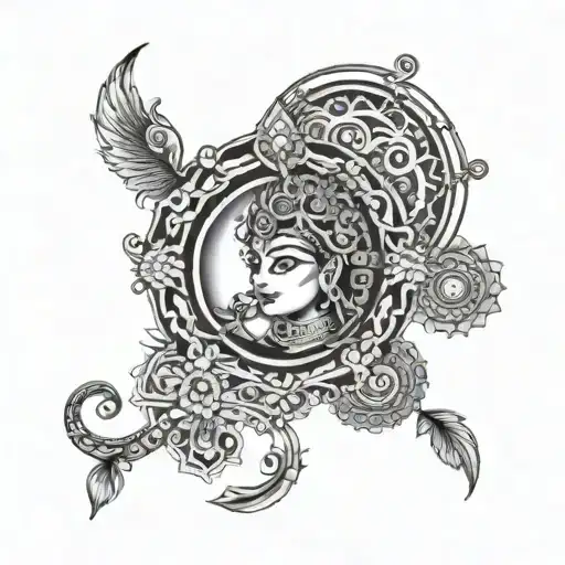 A black-grey tattoo of a sacred mantra surrounded by celestial symbols representing the divine connection between Krishna and Radha tattoo design idea
