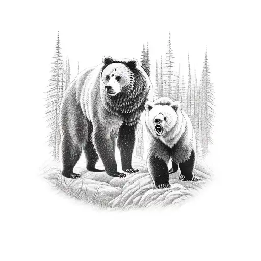 bear and lion in a forest scene tattoo design idea