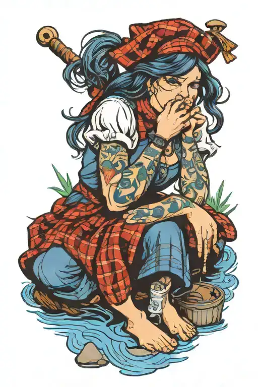Scottish washer woman squatting by water  tattoo design idea