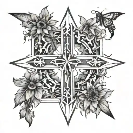 solid cross with sunflowers and butterflies around it tattoo design idea