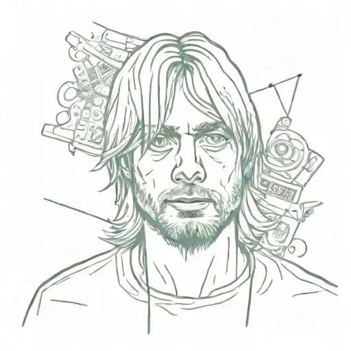 A portrait of Kurt Cobain surrounded by trash and art supplies in a sketch style tattoo design idea