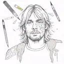 A portrait of Kurt Cobain surrounded by trash and art supplies in a sketch style tattoo design idea
