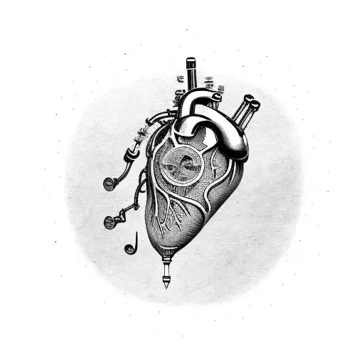 A mechanical heart with music notes as the veins tattoo design idea