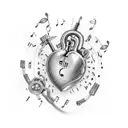 A mechanical heart with music notes as the veins tattoo design idea