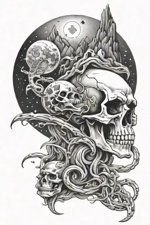 mountain stars moon skull snakes gothic  tattoo design idea