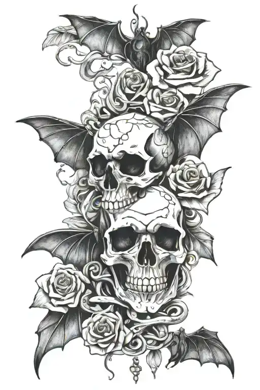 bat wings with skull roses and snakes gothic  tattoo design idea