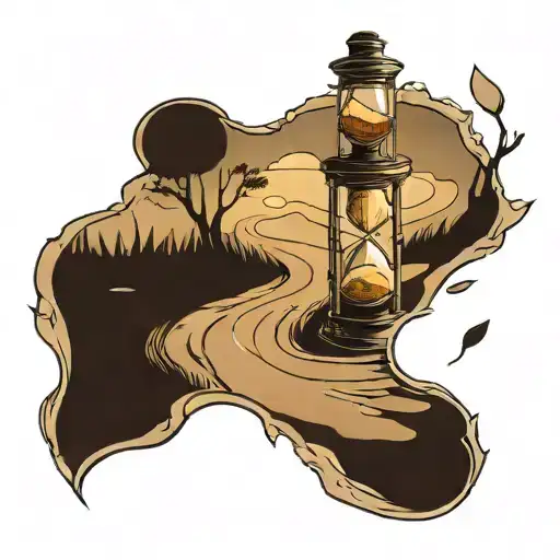 man walking down a path towards an hourglass filled with sand, that is melting into the path tattoo design idea