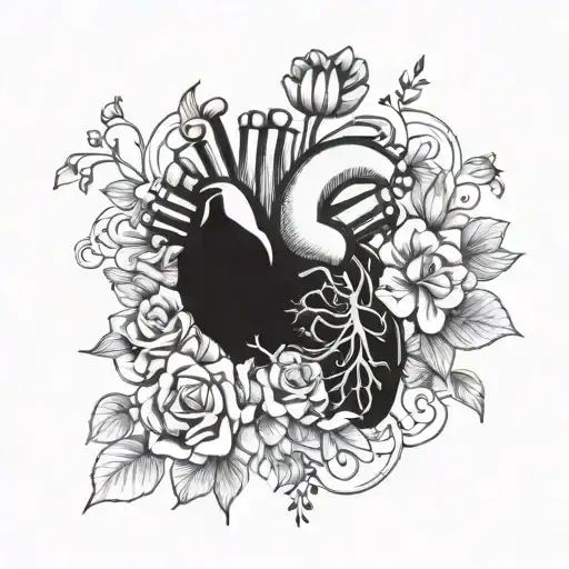 organ heart with flowers growing tattoo design idea