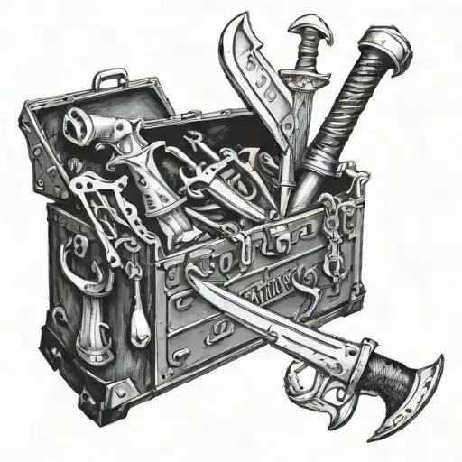 A mechanic's toolbox overflowing with Viking weapons and armor, showcasing the client's dual passions tattoo design idea