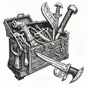 A mechanic's toolbox overflowing with Viking weapons and armor, showcasing the client's dual passions tattoo design idea