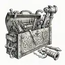 A mechanic's toolbox overflowing with Viking weapons and armor, showcasing the client's dual passions tattoo design idea
