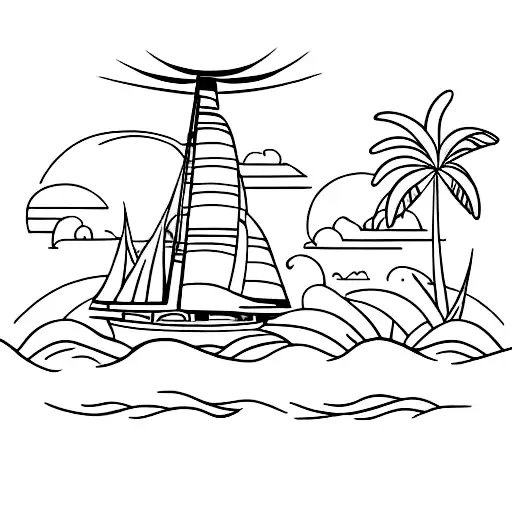 Catamaran sailing towards a sunset with palm trees tattoo design idea