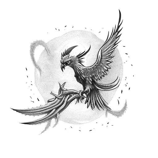 phoenix with a bleeding heart, wrapped in thorns tattoo design idea