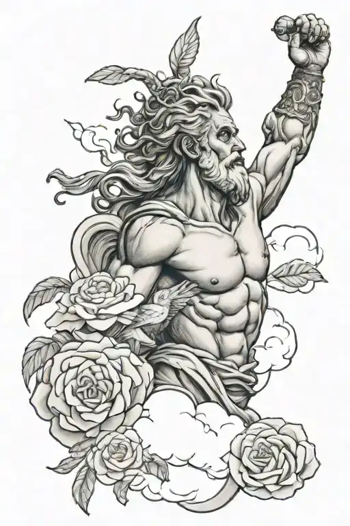 Zeus with clouds birds and roses  tattoo design idea