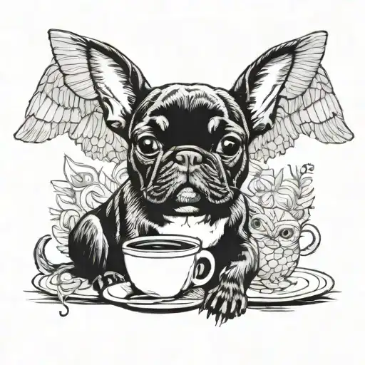 A French bulldog and owl sharing a cup of coffee together tattoo design idea