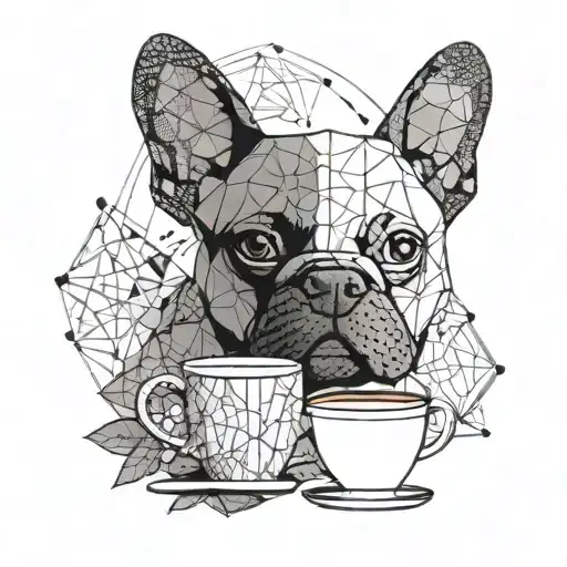 A geometric pattern incorporating elements of coffee, a French bulldog, and an owl tattoo design idea