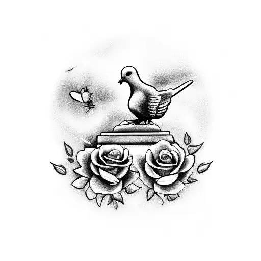 A Grave with dove holding a rose in its mouth tattoo design idea