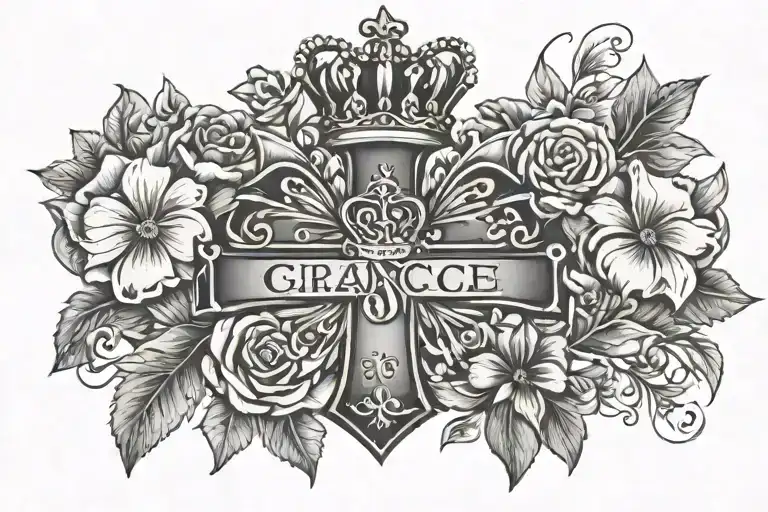 large cross, crown, flower, text grace 31.12.18 and anna 12.11.16 diamond tattoo design idea