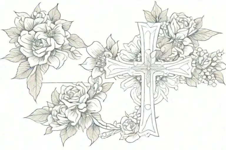 large cross, crown, flower, text grace 31.12.18 and anna 12.11.16 diamond tattoo design idea