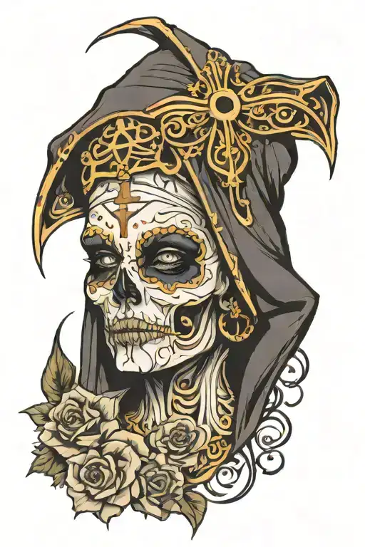 nun face split skull tattoo design idea
