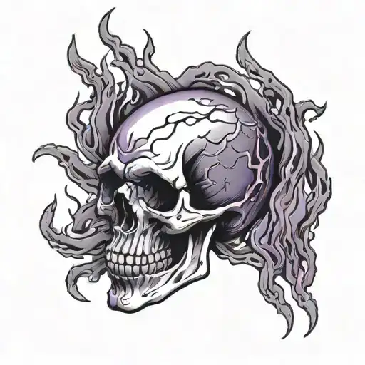 skull hand with purple flames coming tattoo design idea