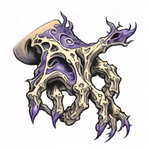 bone hand with purple flames left arm tattoo design idea