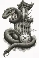 snake rapped around clock tower surrounded tattoo design idea