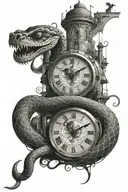snake rapped around clock tower surrounded tattoo design idea