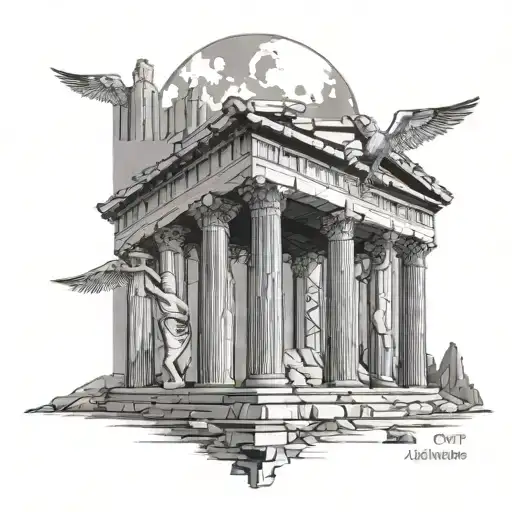 A tattoo design representing the city of Athens as the 'City Of God', with elements of ancient Greek architecture and symbols. Include the Roman numerals I XX VIII in a creative way. This tattoo would look great in a dotwork style on the leg or forearm. tattoo design idea