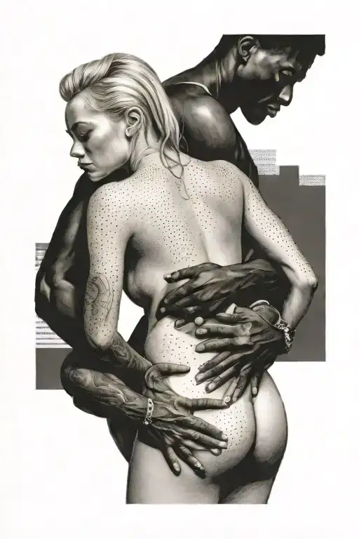 nude slim young blonde european girl riding muscular black man's back tattoo design idea