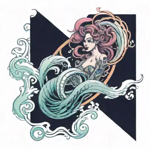 ocean waves with a beautiful siren and flourishes  tattoo design idea