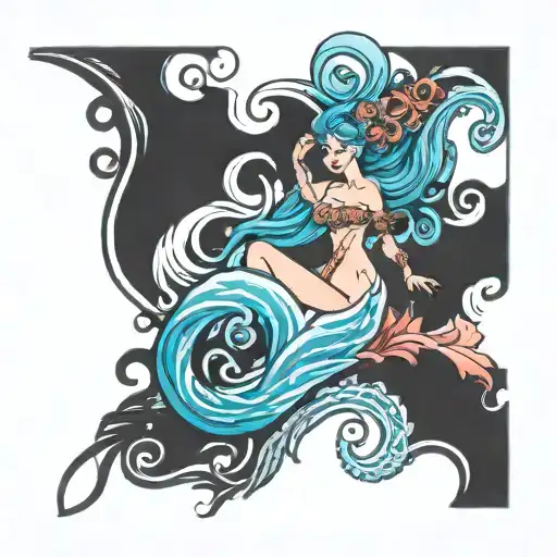 ocean waves with a beautiful siren and flourishes isolated on white tattoo design idea