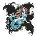 ocean waves with a beautiful siren and flourishes  tattoo design idea