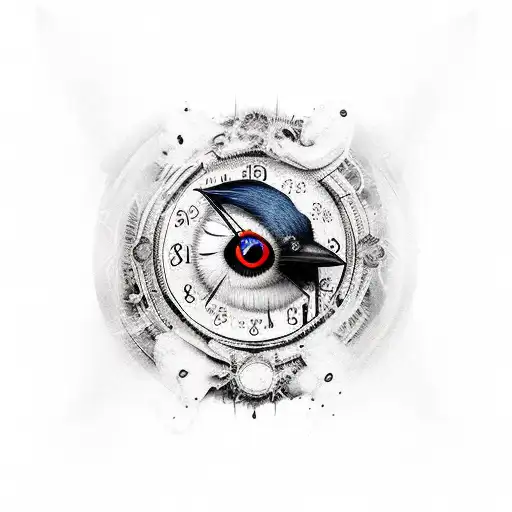 raven zoom in eye with clock in, hourglass broken in his beak tattoo design idea