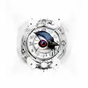 raven zoom in eye with clock in, hourglass broken in his beak tattoo design idea