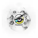 raven zoom in eye with clock in, hourglass broken in his beak tattoo design idea