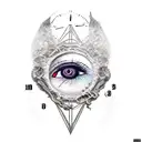 raven zoom in eye with clock in, hourglass broken in his beak tattoo design idea