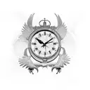 raven zoom in eye with clock in, hourglass broken in his beak tattoo design idea
