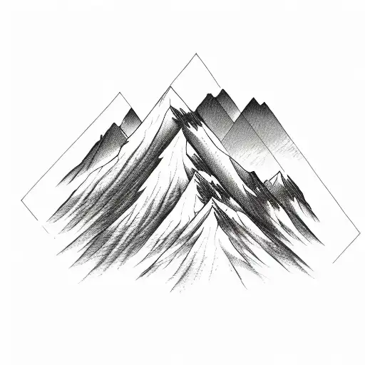 two mountain peaks in a triangle with a creek and birds flying tattoo design idea