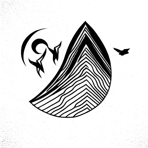 two mountain peaks with birds flying and ying and yang tattoo design idea