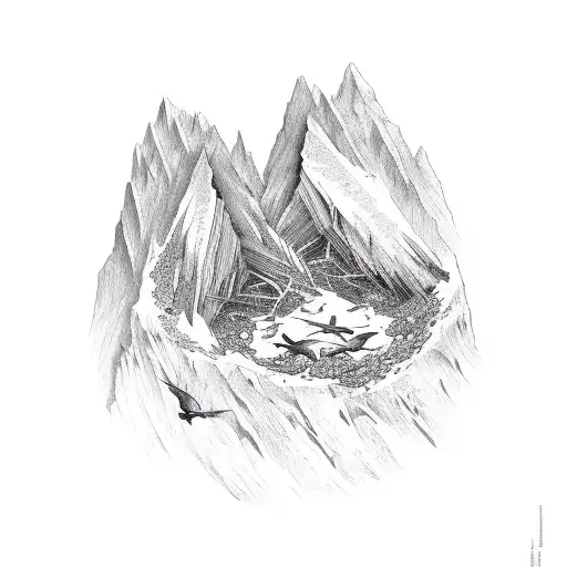 two mountain peaks with two birds flying from a nest tattoo design idea